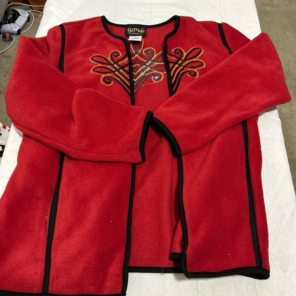 Bob Mackie Wearable Art Red Fleece Embroidered Open Front Jacket Womens Medium